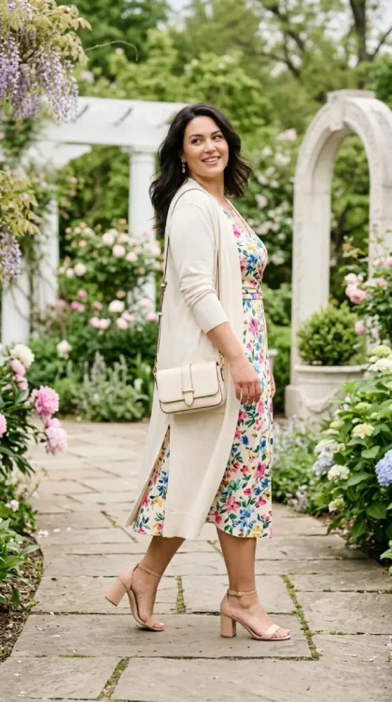 "Plus-size woman in floral wrap midi with longline cardigan over shoulder view, elegant spring layered look
