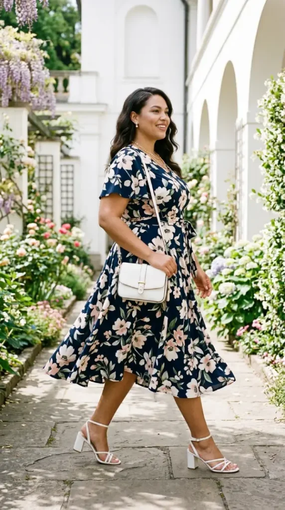 Plus-size woman in navy floral fit-and-flare midi dress side view, flattering spring look for curves