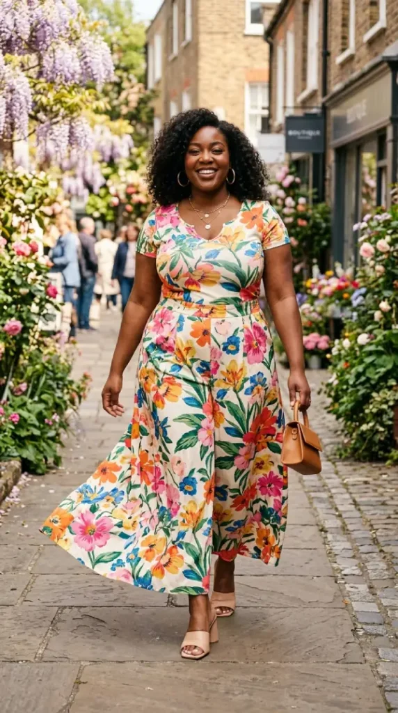 Plus-size woman walking in bold matching floral co-ord set, triumphant spring look celebrating curves