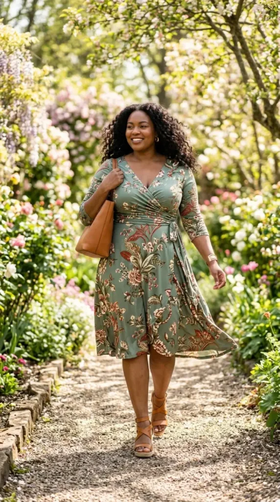 "Plus-size woman walking in sage green floral wrap dress with ruched bodice, earthy spring look