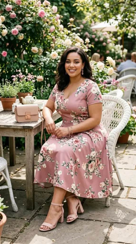 Plus-size woman seated in dusty rose floral A-line midi dress, refined spring look for curves