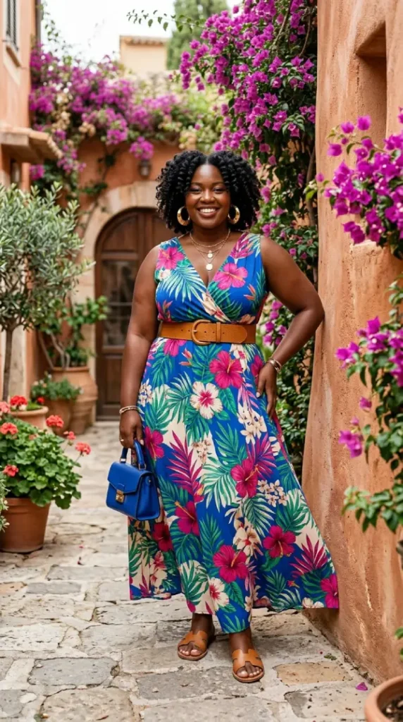 Plus-size woman in bold tropical floral maxi with wide belt leaning, fearless spring look celebrating curves