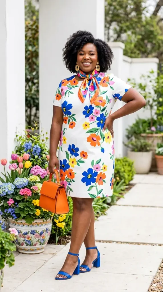 Plus-size woman in white floral shift dress with colourful accessories 3/4 view, expressive spring look