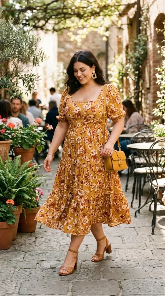 Plus-size woman in floral midi dress with square neckline candid moment, flattering spring look