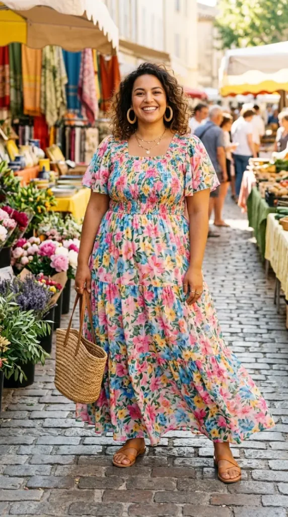 Plus-size woman in floral tiered maxi dress with smocked bodice facing camera, joyful spring look