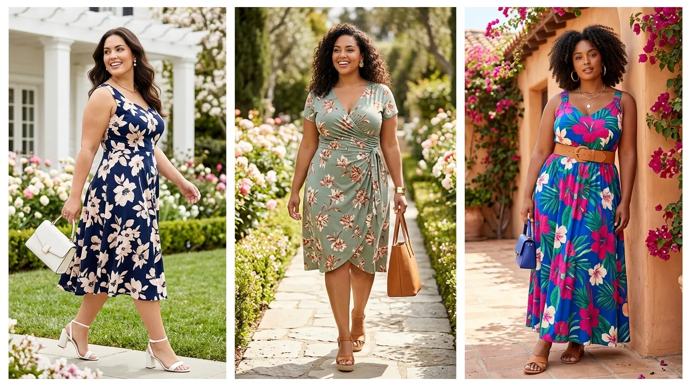 Confident plus-size woman in blush floral wrap midi dress in spring garden, beautiful curves celebrated plus-size spring floral dresses