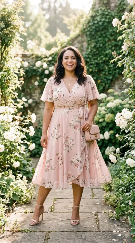 Confident plus-size woman in blush floral wrap midi dress in spring garden, beautiful curves celebrated
