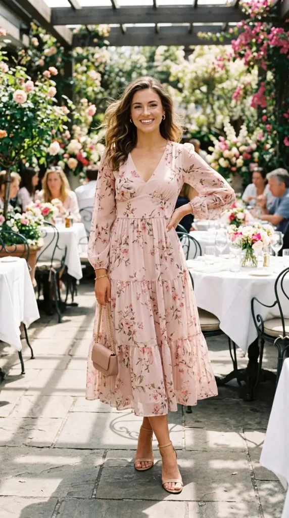 Woman in blush floral chiffon midi dress with nude strappy heels at spring brunch, elegant look
