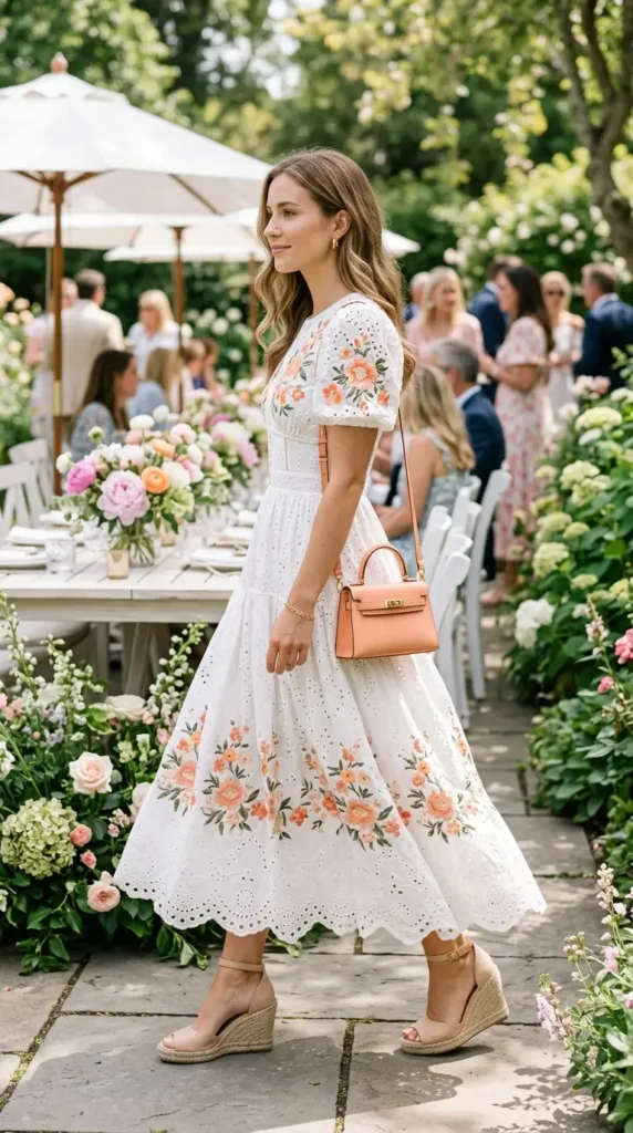 Woman in peach broderie midi dress with nude wedges side profile, textured spring brunch look