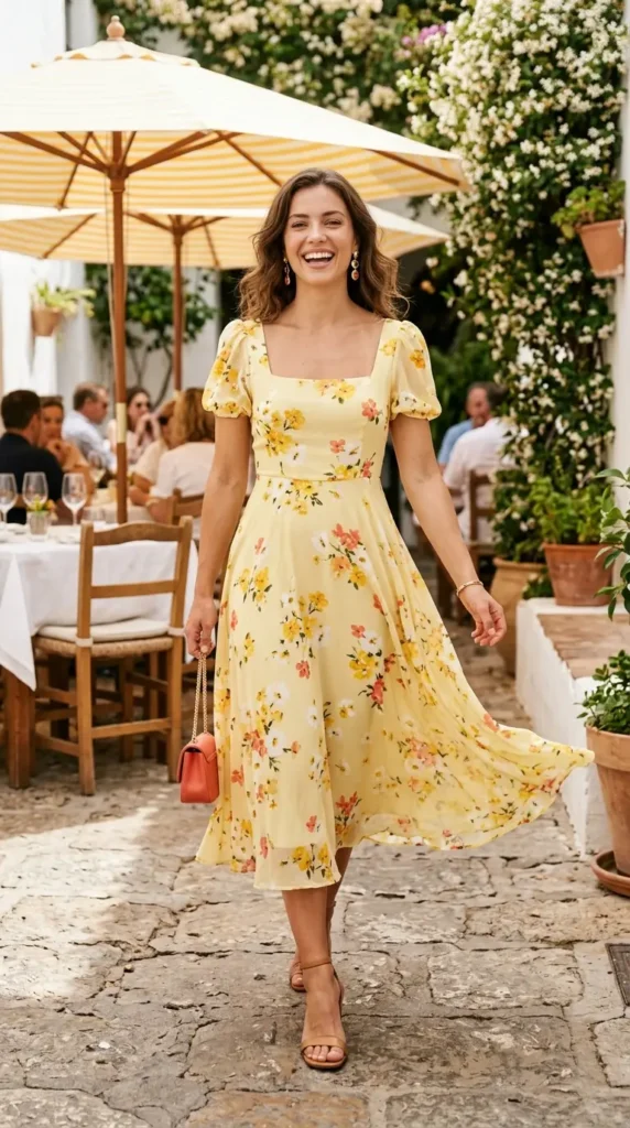 Woman walking in soft yellow floral midi dress with tan strappy heels, sunny spring brunch outfit