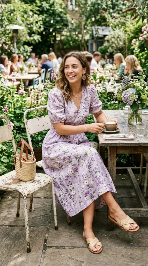 Woman seated in lilac floral linen midi dress with woven flat sandals, relaxed spring brunch