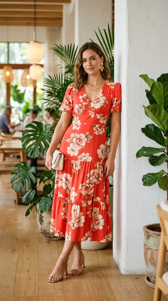 Woman in coral red floral midi dress with gold block heels leaning, bold spring brunch look
