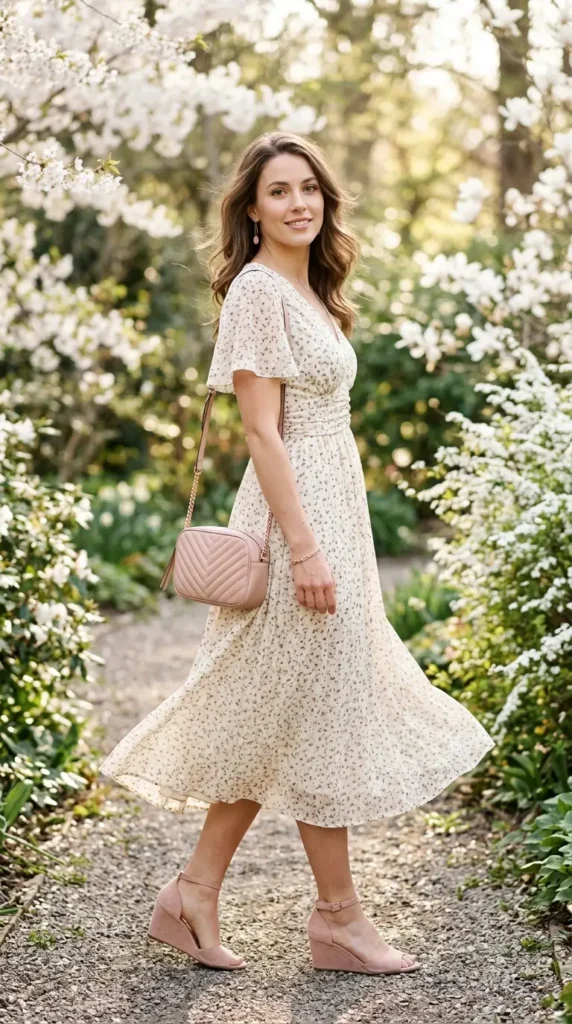 Woman in cream ditsy floral midi dress with blush wedges 3/4 view, soft romantic spring brunch look