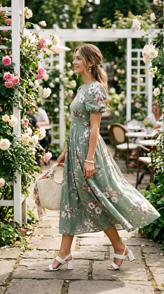 Woman in sage green floral midi dress with white block heels side view, spring brunch outfit