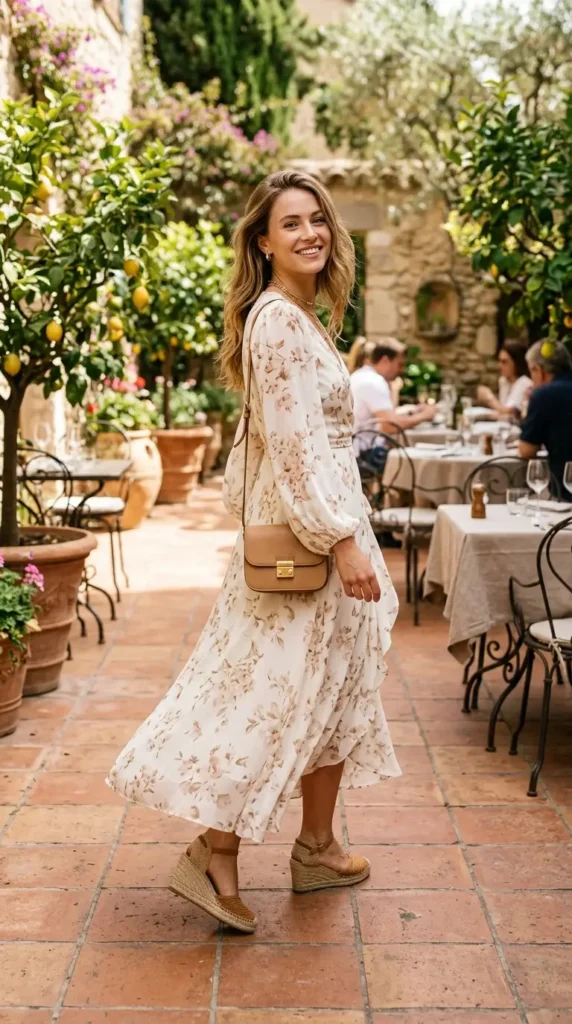 Woman in ivory floral wrap midi dress with espadrilles over shoulder view, relaxed spring brunch look