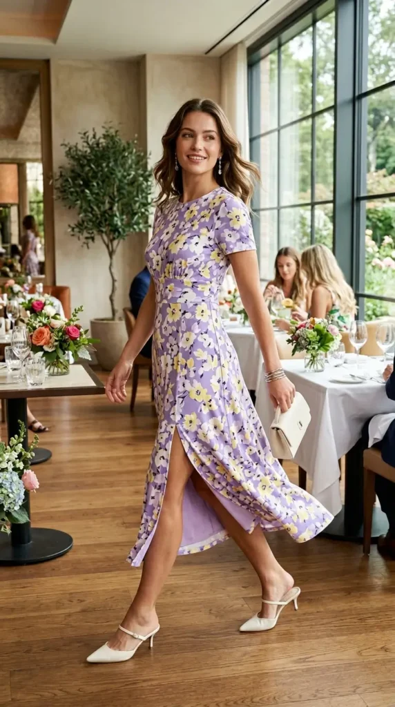 Woman walking in lavender floral midi dress with kitten heels, spring brunch outfit