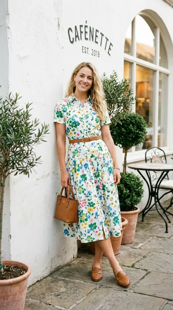 Woman leaning on white wall in white floral shirt dress with tan loafers, chic spring brunch outfit