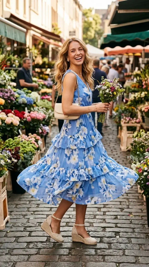 Woman in cornflower blue tiered floral midi dress with cream wedges, joyful spring brunch look