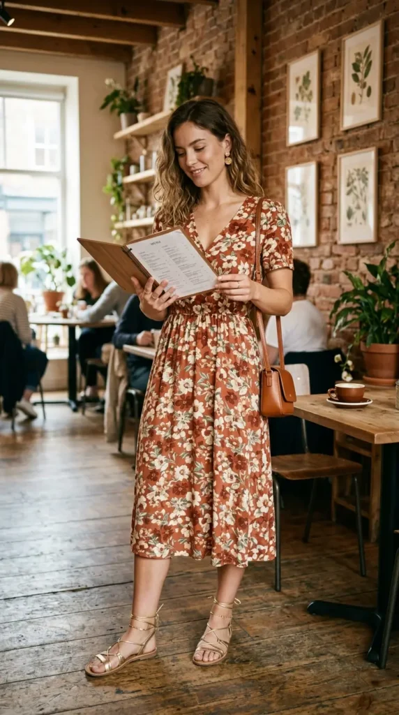 Woman in terracotta floral midi dress with gold flat sandals candid brunch moment, warm spring look