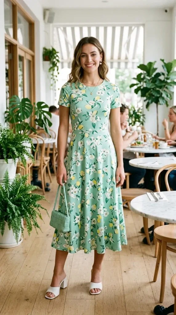 Woman in mint green floral midi dress with white block mules, fresh spring brunch outfit