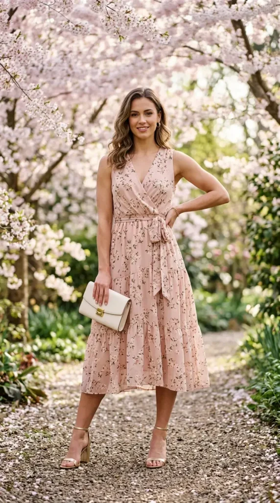 Woman in blush pink chiffon wrap dress with gold strappy sandals for spring, elegant classy outfit