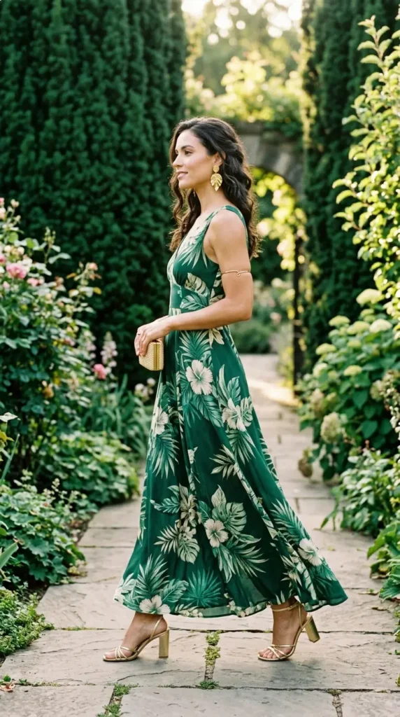 Woman in forest green floral maxi dress with gold heeled sandals side profile, elegant spring event outfit