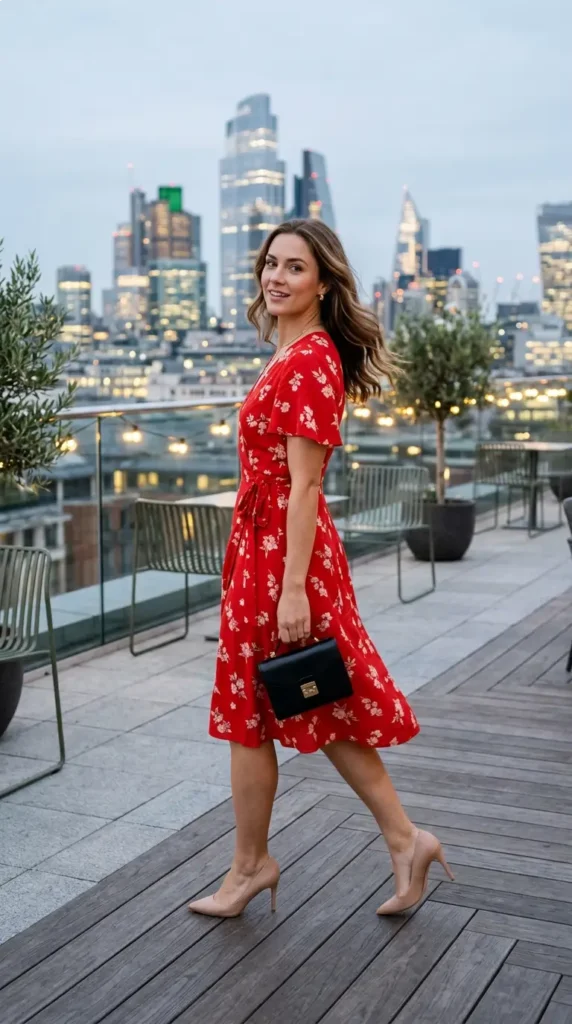 Woman in red floral wrap dress with nude pumps over shoulder view, classy spring evening outfit