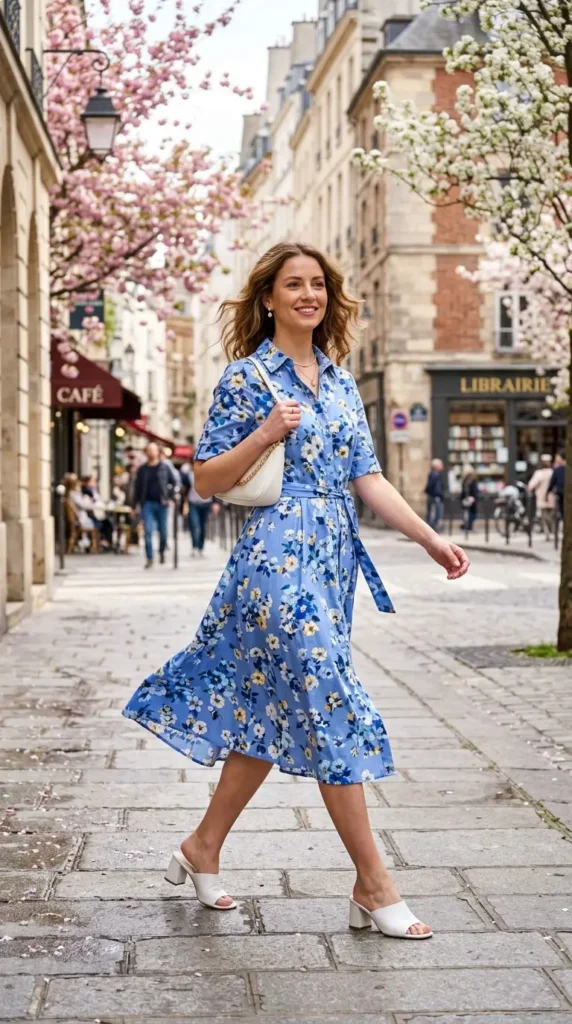 Woman walking in cornflower blue floral shirt dress with white block heels, spring city outfit