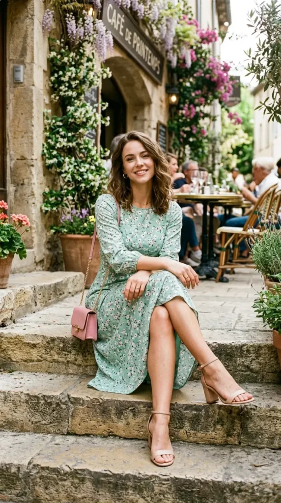 Woman in mint green floral mini dress with nude strappy sandals sitting on steps, fresh spring outfit