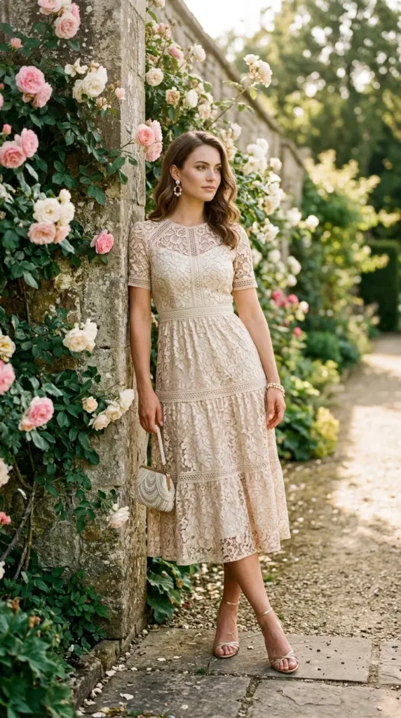 Woman in champagne floral lace dress with gold strappy heeled sandals, elegant spring event outfit