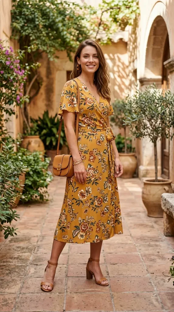 Woman in mustard floral wrap dress with tan sandals 3/4 pose, warm-toned spring outfit