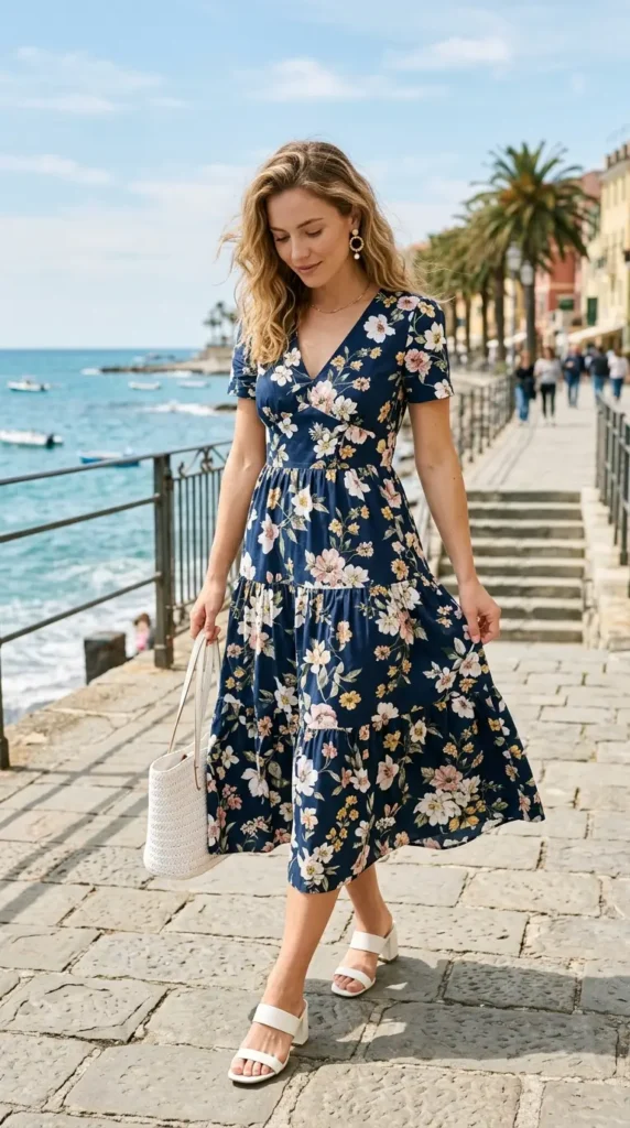 Woman in navy floral midi dress with white block heels candid moment, nautical spring outfit