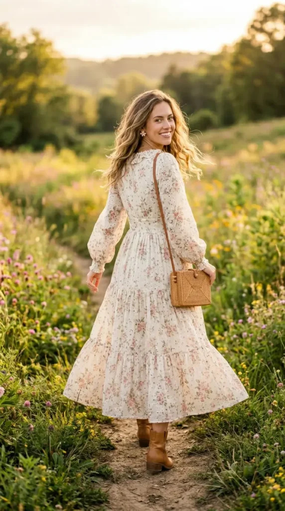 Woman in cream floral prairie dress with ankle boots looking back over shoulder in meadow, dreamy spring look
