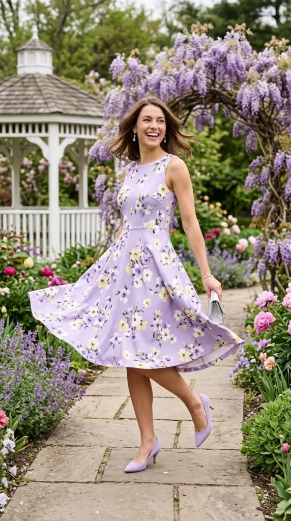 Woman in lavender floral fit-and-flare dress with kitten heels walking in garden, joyful spring outfit