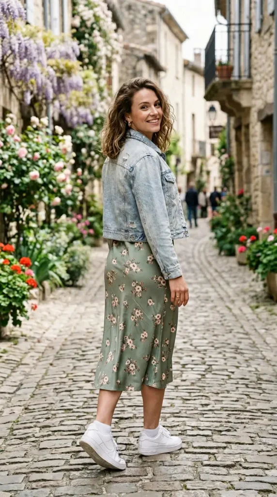 Woman in sage green floral slip dress with denim jacket, over shoulder view, spring outfit