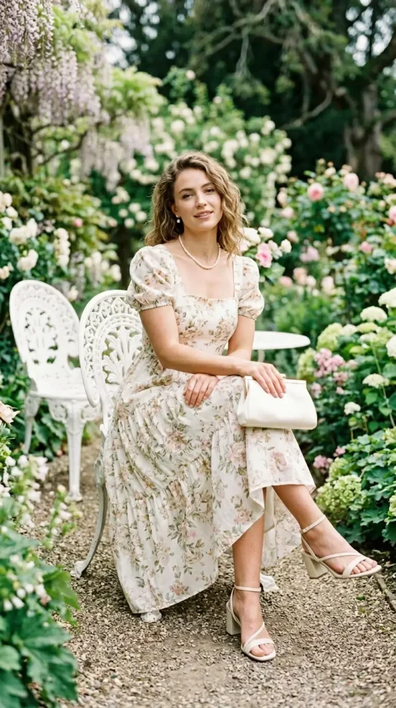 Woman in ivory floral tea-length dress with cream block heels sitting in garden, elegant spring look