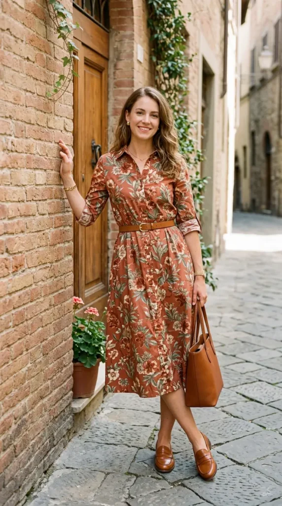 Woman leaning on wall in terracotta floral shirt dress with tan loafers, spring fashion