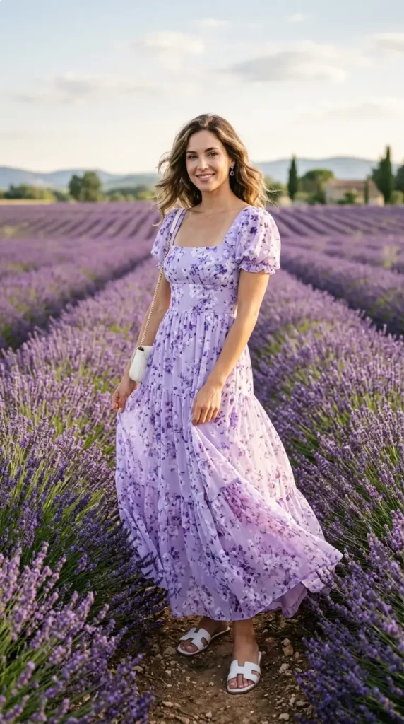 Woman in lilac floral maxi dress with white sandals, 3/4 pose in lavender field, romantic spring outfit