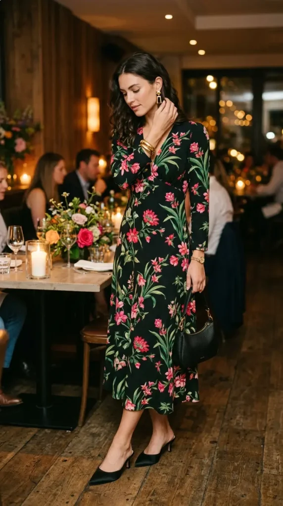 Woman in black floral midi dress with kitten heels adjusting jewelry, elegant spring evening look