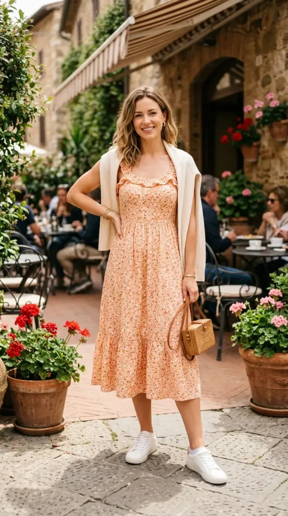 Woman in peach floral sundress with white sneakers and rattan bag, casual spring outfit