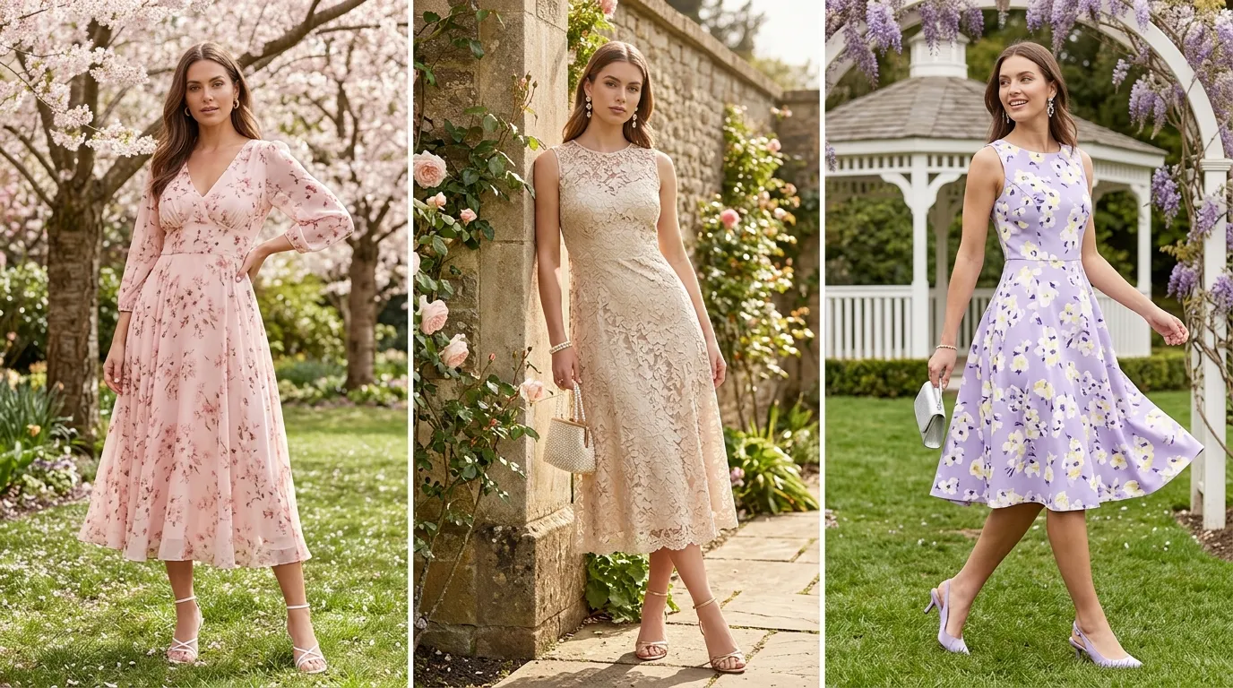 Woman wearing blush pink floral midi dress for spring, elegant classy outfit classy spring floral dresses