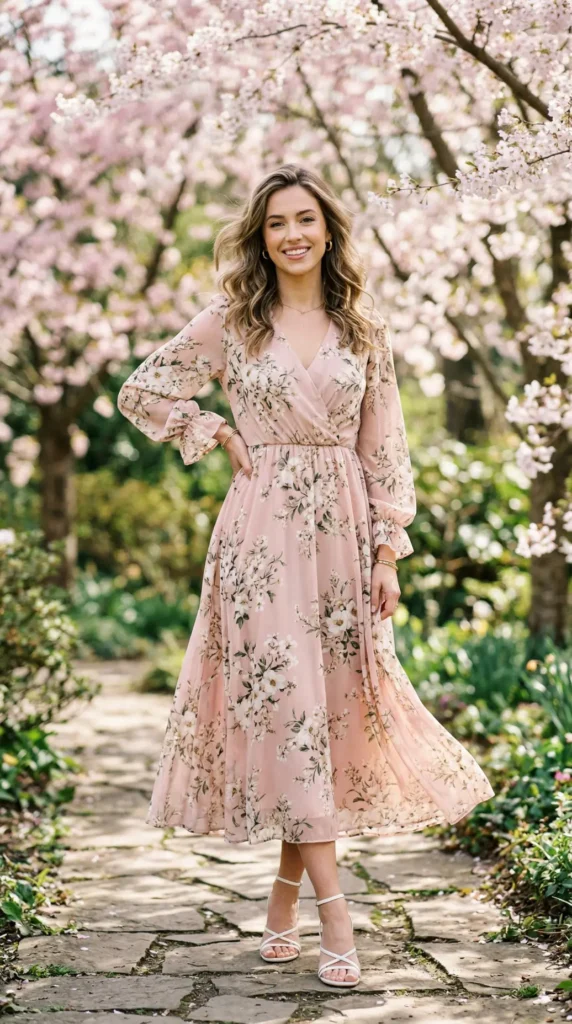 Woman wearing blush pink floral midi dress for spring, elegant classy outfit