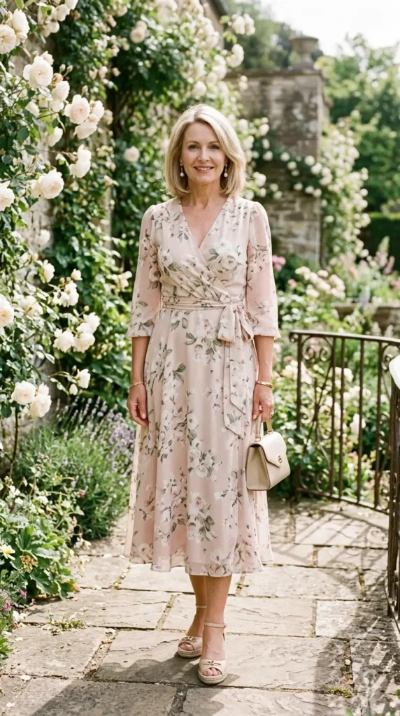 Woman in blush floral wrap midi dress with champagne wedges, elegant spring outfit for women over 50