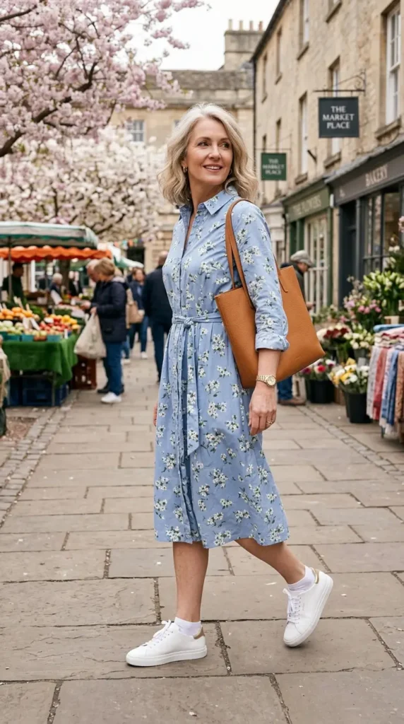 Woman in soft blue floral shirt dress with white sneakers side view, casual spring look women over 50