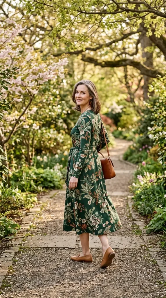 Woman in forest green floral midi dress with tan loafers over shoulder view, rich spring look women over 50