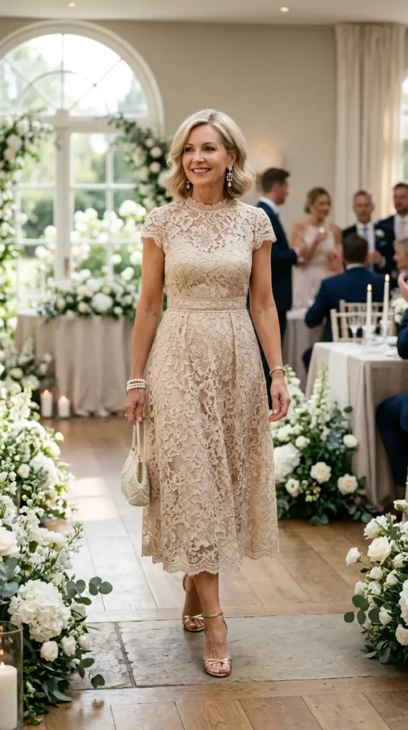 Woman walking in champagne floral lace midi dress with gold strappy heels, elegant wedding look women over 50