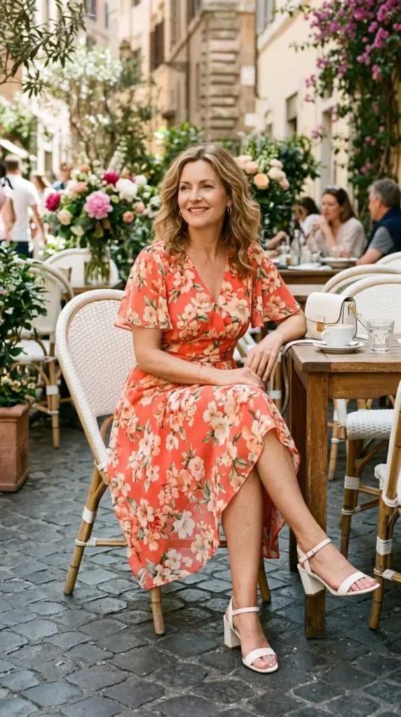 Woman seated in coral floral midi dress with white block heels, joyful spring look women over 50