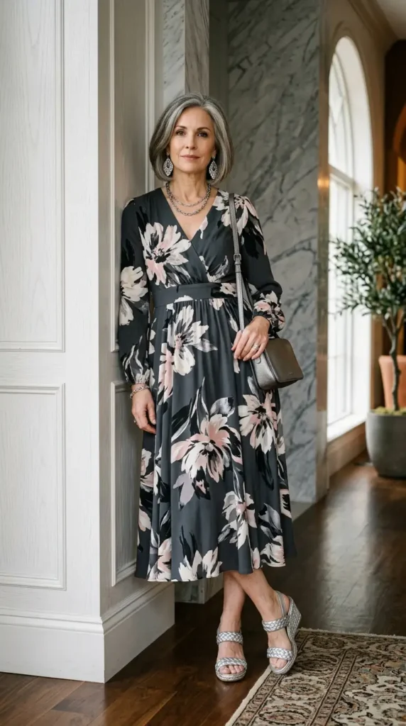 Woman in charcoal floral midi dress with silver wedge sandals leaning, sophisticated spring look women over 50