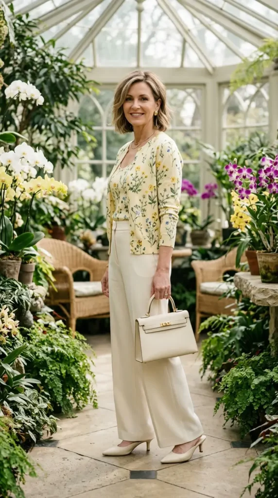 Woman in pale yellow floral cardigan set with cream trousers 3/4 view, refined spring look women over 50