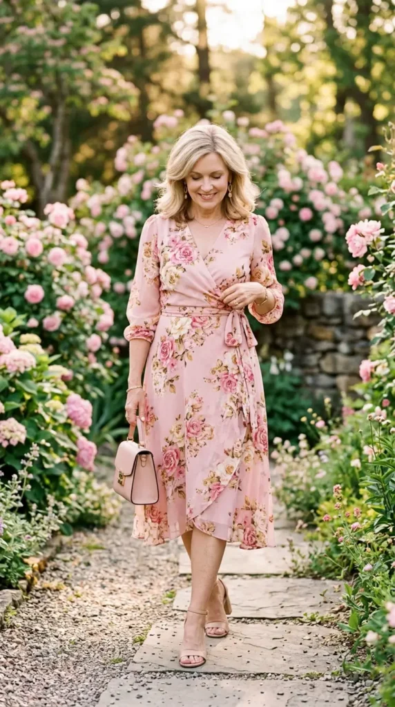 Woman in soft pink floral wrap midi dress with nude heels candid moment, feminine spring look women over 50